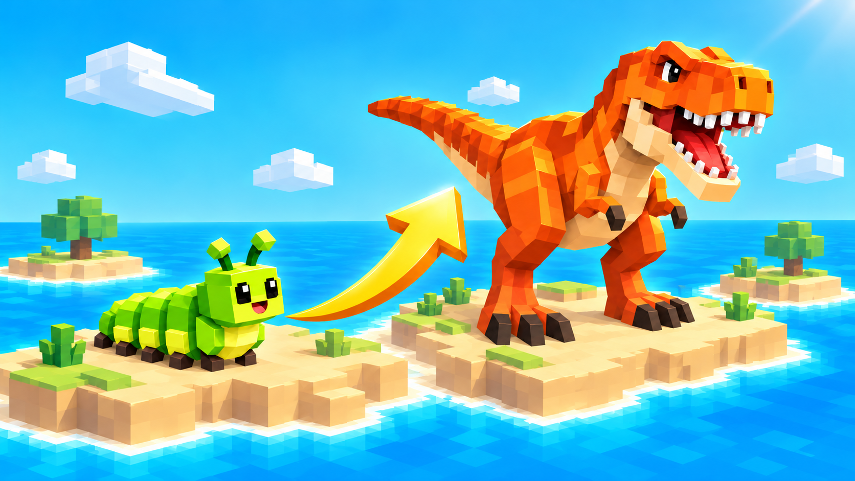 A bright caterpillar evolves into a T-Rex on a simple island